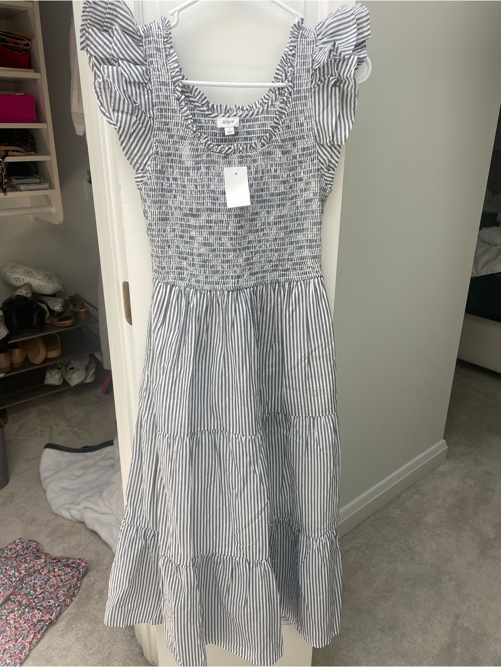 J. Crew Factory Blue and White Stripe Smocked Midi Dress